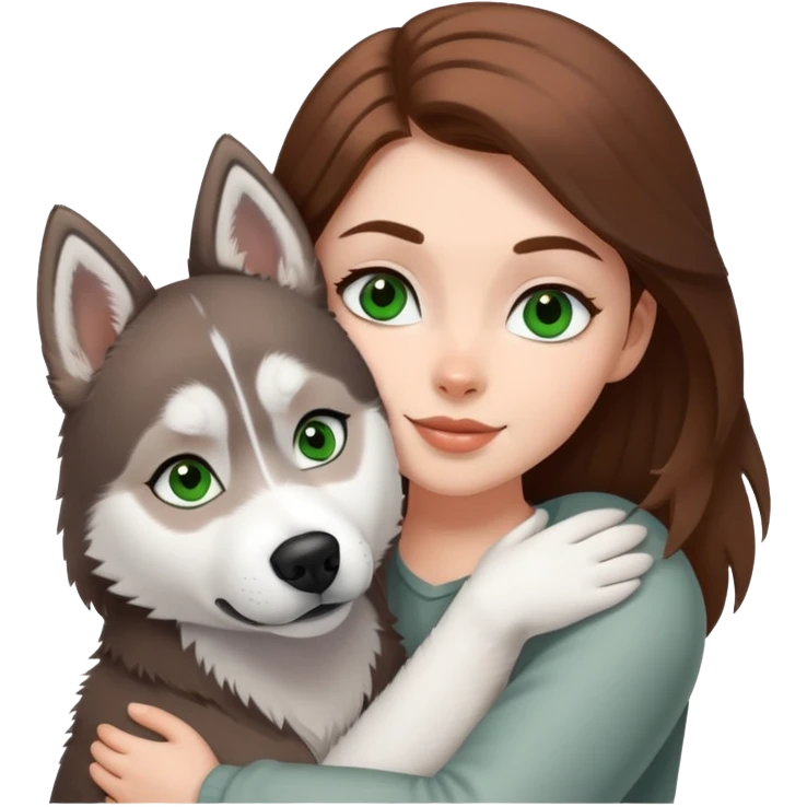 White girl white Green eyes and brown hair make a hug to a husky white ans grey white brown eyes  emoji