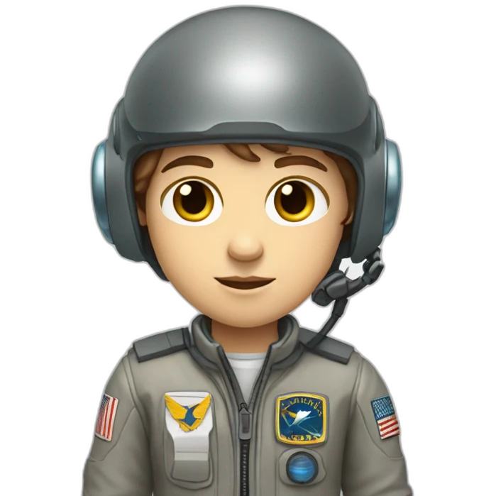 A white young boy with brown hair and a airplane pilot suit and a radio helmet emoji
