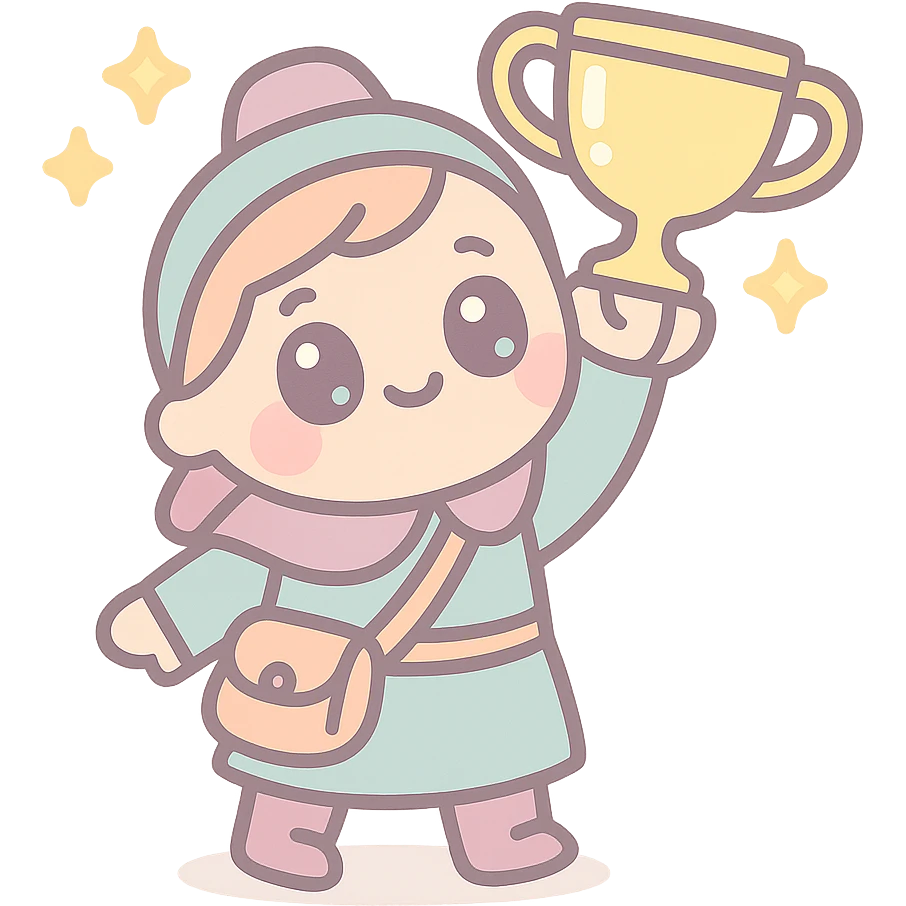small funny medieval pilgrim raising a trophy cup in celebration, kawaii style, very cute, big eyes, pastel colors emoji