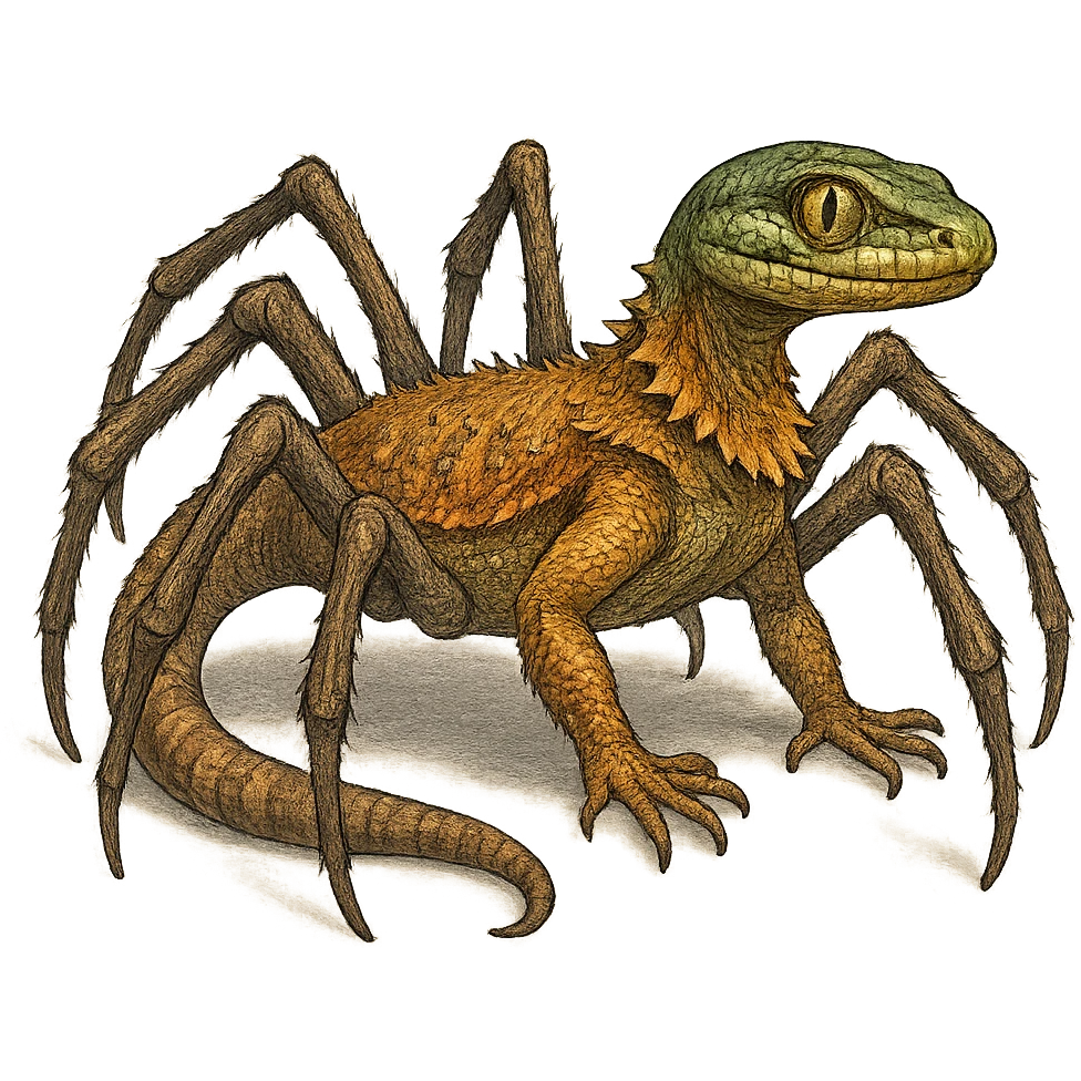 a hybrid animal combining a spider's legs, a bearded dragon's body, and a snake's head, unique and imaginative style, fantasy creature, detailed emoji