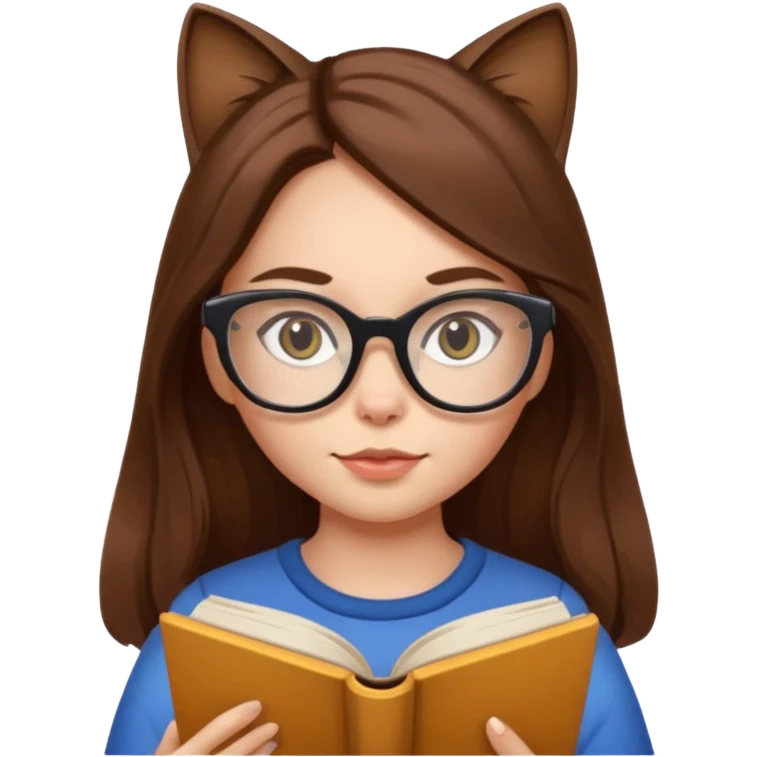 clean beautiful girl long brown hair, wear glasses cat eye, reading a book emoji