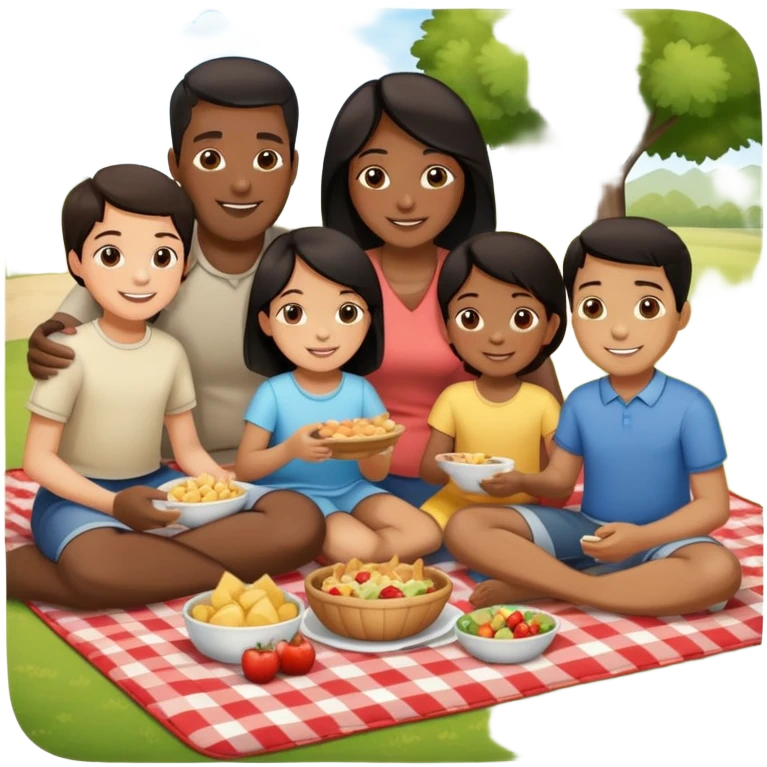 Diverse family picnic with Black parents and children with dark hair sitting on a blanket enjoying food outdoors emoji