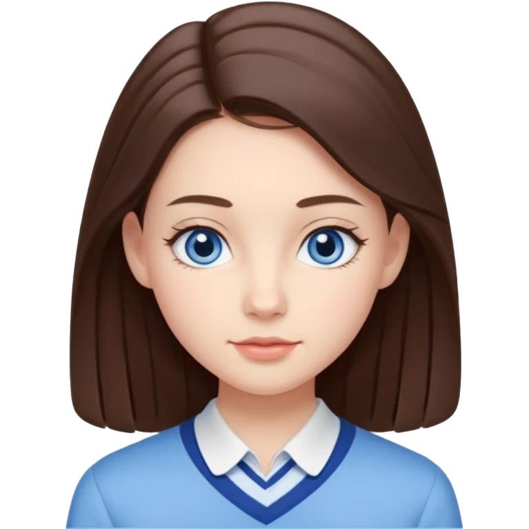 Realistic Student Portrait, with porcelain-like skin featuring a natural rosy flush, iHer Brunette Half-Up Style for Straight  hair flows in soft, Her deep blue eyes radiate warmth and innocence,  wear light blue preppy style. emoji