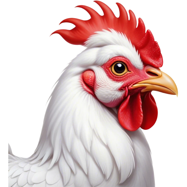 Cinematic Cute White Rooster Portrait Emoji, Head tilted playfully and inquisitively, featuring a glossy, immaculate white plumage with a vibrant red comb, round, sparkling eyes filled with curiosity, Simplified yet irresistibly adorable features, highly detailed, glowing with a warm, friendly glow, high shine, affectionate and spirited, stylized with a touch of farmyard whimsy, bright and endearing, soft glowing outline, capturing the essence of a mischievous yet loving rooster, so playful it feels like it could strut out of the screen and into your arms! emoji
