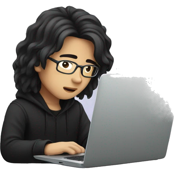 asian boy with glasses, long hair working, wearing black clothes , on his laptop  emoji
