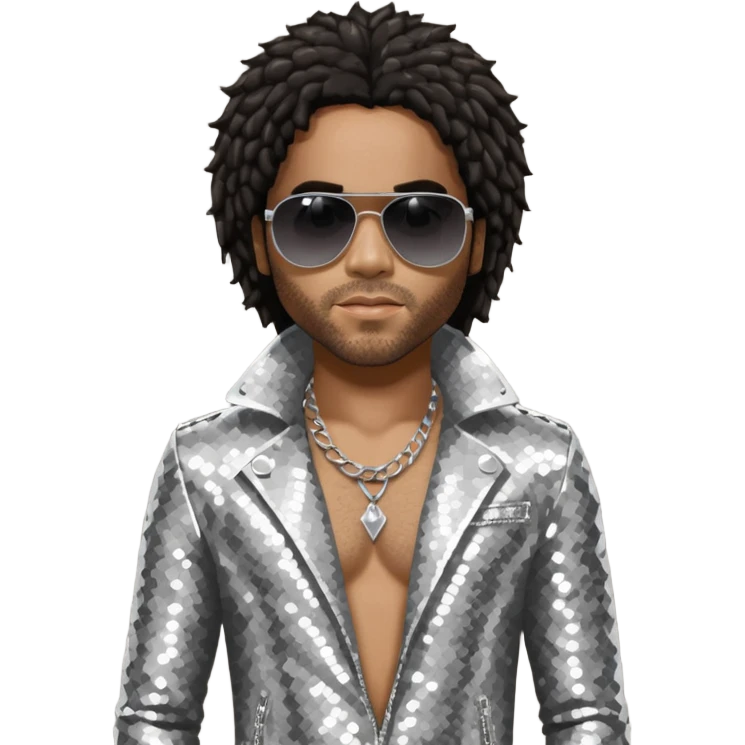 Lenny Kravitz with long dark brown hair, silver sequin outfit emoji