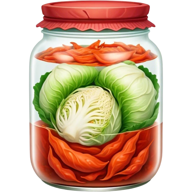 Kimchi Cinematic Realistic Kimchi Dish Emoji, depicted as spicy, fermented cabbage with vibrant red hues neatly served in a traditional jar, rendered with dynamic textures and bold, appetizing lighting. emoji