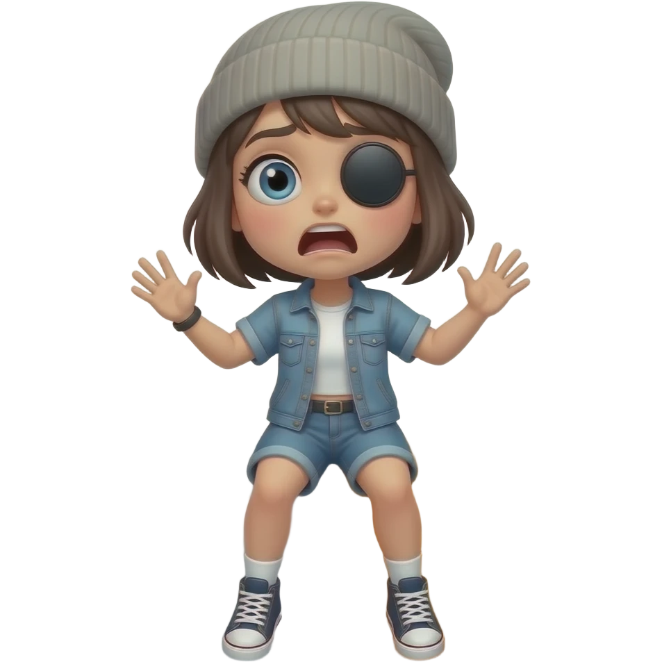 Tomgirl with short hair and beanie is shaking violently. The shakinf is indicated by a shimmering outline. She is sitting on a giant round Adderall pill.  She had one black eye and looks shocked. emoji