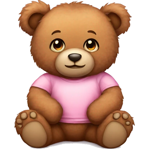 Cute fluffy Brown Teddy bear wearing pastel pink tshirt sitting emoji