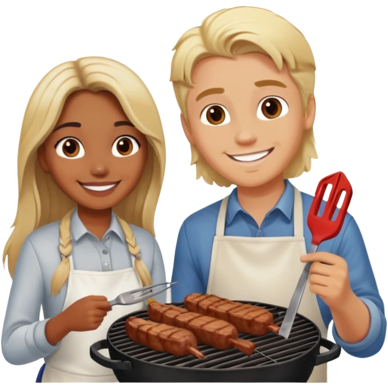 Brown girl in love blond boy grilling meat emoji