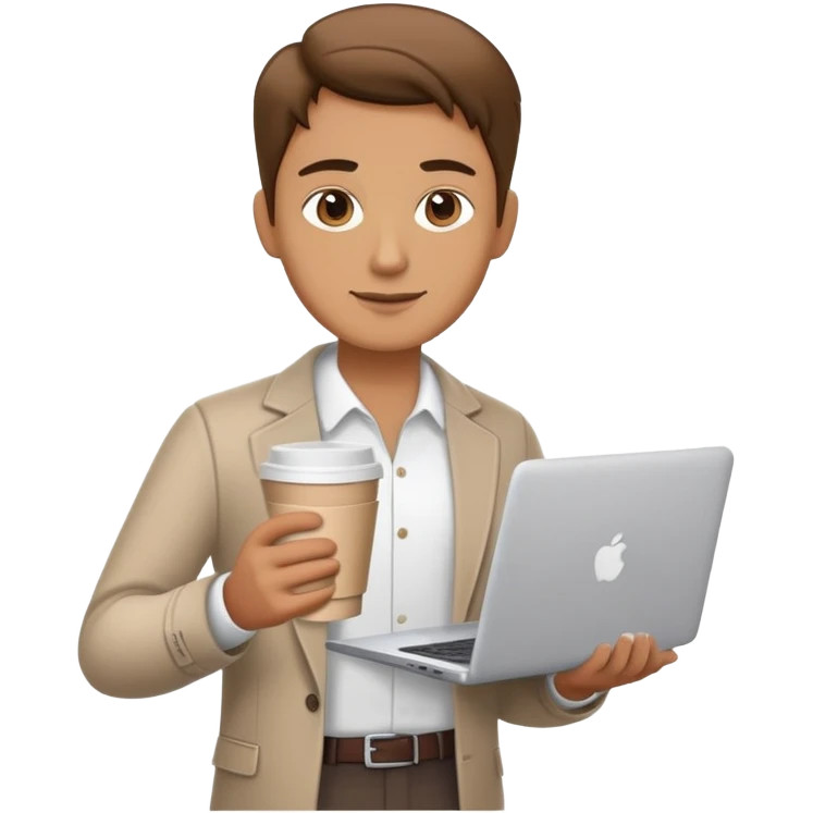 business owner confidently, holding a closed laptop in one hand and a takeaway coffee cup in the other. The character wears casual-smart clothes. emoji