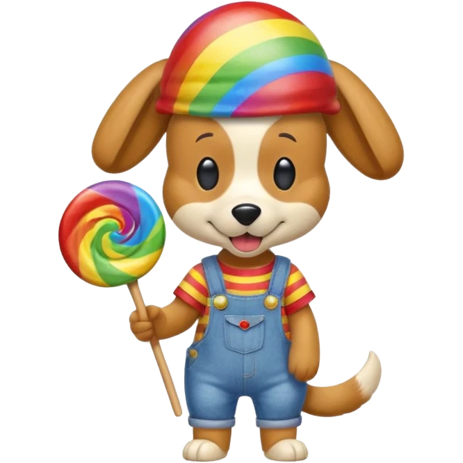 Generate a emoji of a dog with a comically large rainbow swirly lollipop with a goofy silly propeller hat, make the dog wear a striped bright yellow, red, and blue shirt with jean overalls emoji