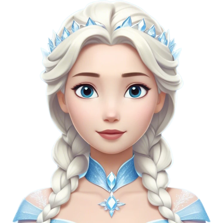 Cinematic Majestic Snow Queen Portrait Emoji, rendered in a clean, vector-style with bold, simplified shapes. Show Elsa with a serene, noble expression, luminous icy skin and gracefully styled platinum hair adorned with subtle crystalline accents, her attire minimal yet majestic. The design radiates a cool, crystalline glow with high shine and a soft glowing outline, embodying timeless, frosty elegance. emoji