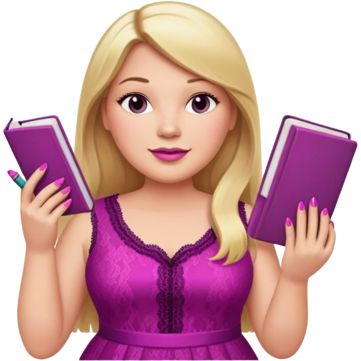 A plus-size white woman with long, straight blonde hair is wearing a magenta lace sleeveless dress. She is standing with magenta nail polish and holding a book and a crayon.. emoji