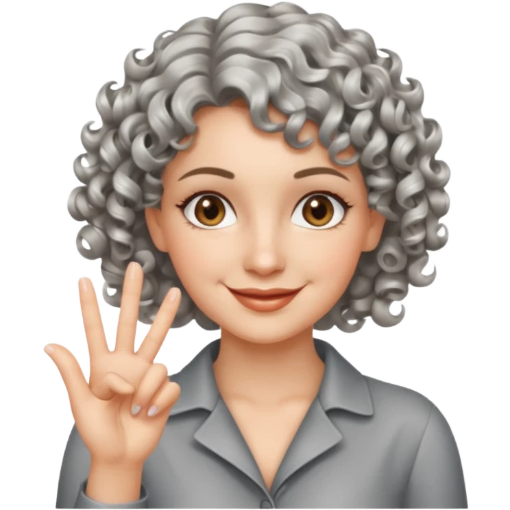 silver, short, wavy-haired with curls, smiling pretty lady, index and middle fingers crossed on one hand, hazel eyes emoji