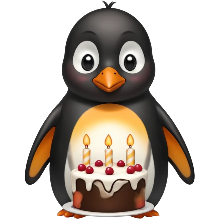 A penguin standing near a cake, feeling shy from a surprise celebration, portrait, bust up emoji