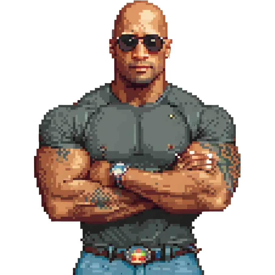 Dwayne 'The Rock' Johnson, pixel art style, bald, muscular, wearing sunglasses emoji