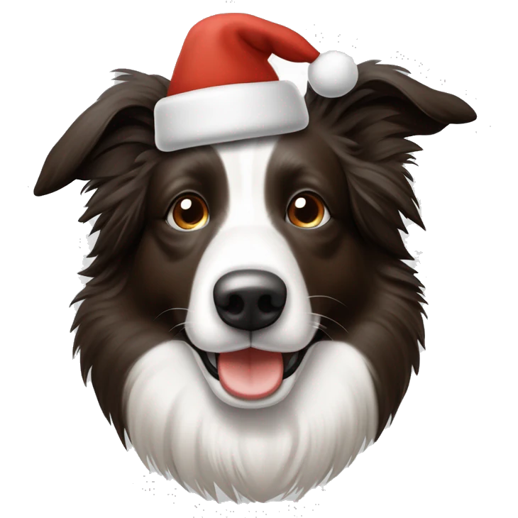 Bordercollie mit braunen und grauen stellen im weißen Gesicht. Spitze Ohren Ohren weis gesicht unterer Teil braun grau. Hat weihnachtsmütze auf  emoji