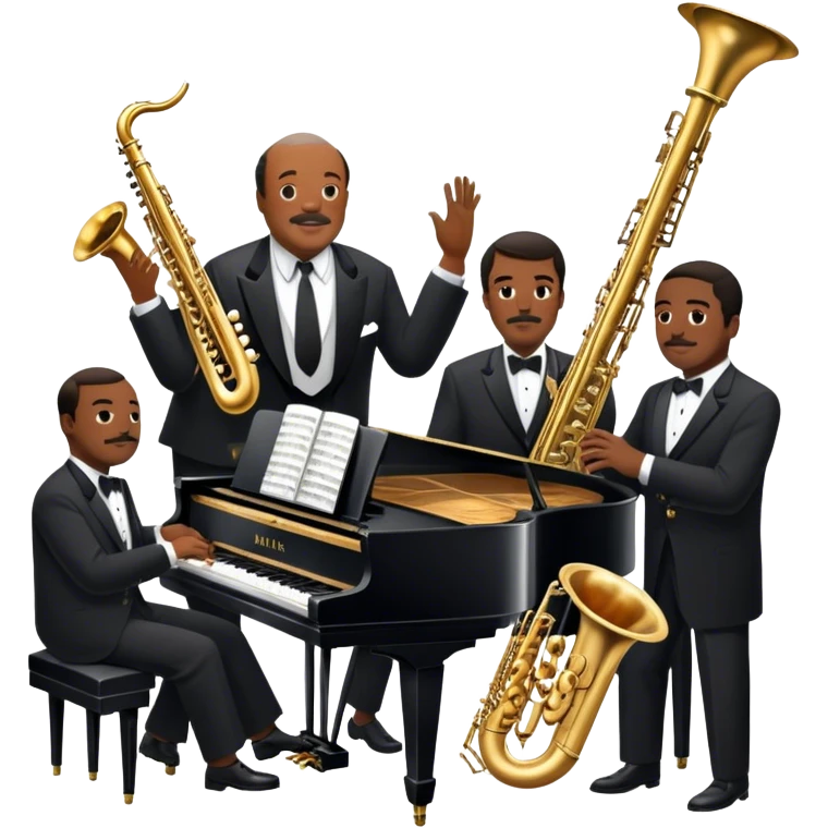 Icon for Jazz Music: Count Basie Orchestra, with Count Basie at the piano surrounded by jazz musicians playing instruments like saxophones, trumpets, and drums. Floating musical notes should capture the energetic and smooth vibe of big band jazz. Transparent background. emoji