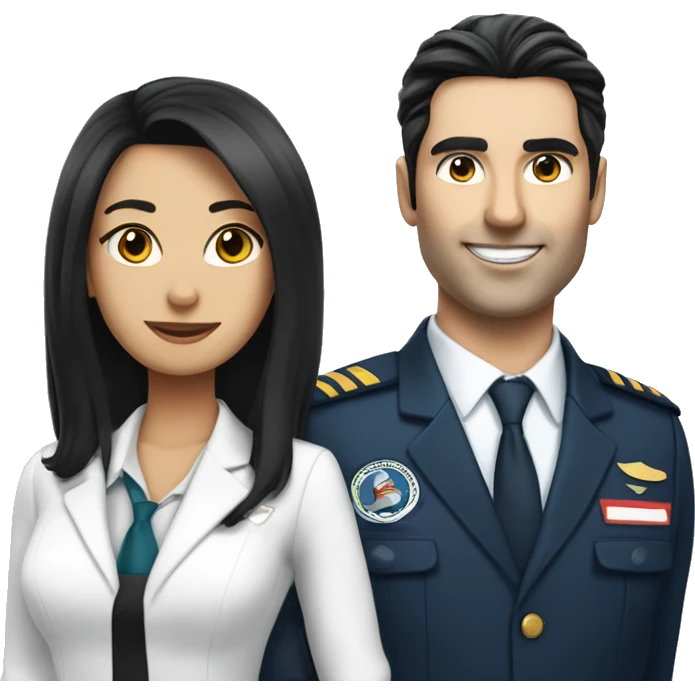 Flight attendant with long black hair and white skin with a pilot man with black hair emoji