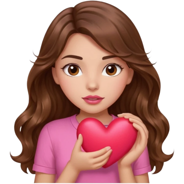 girl with long wavy brown hair, brown eyes, light to medium complexion, in a pink shirt, pink lips, long lashes, squeezing a big heart emoji