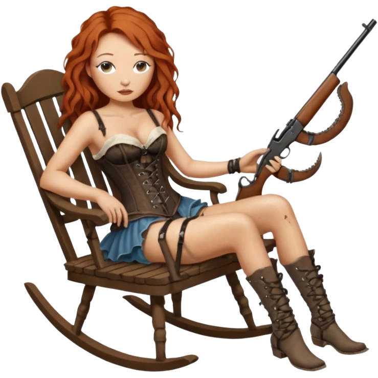 realistic cinematic Tori Amos sits on a rocking chair in a torn corset, holding an antique rifle and her bare feet are muddy. A white snake is wrapped around the chair. emoji