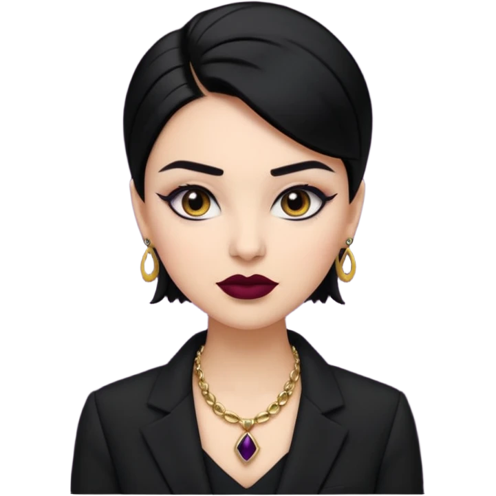 “Emoji girl, sculpted contour, bold dark lipstick, defined brows, sharp eyeliner, sleek black hair updo, statement necklace, black blazer.” emoji