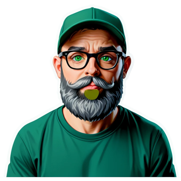 A bold man with a grey baseball cap, green eyes, big beard and glasses blows a kiss emoji