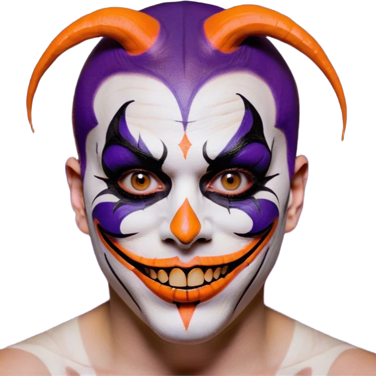 Juggalo smiley face that is Perfectly round and hairless with white skin with realistic human brown colored eyes and elaborate but symmetrical thin lined face paint that covers most of the area of their face from the top of the forehead down the sides of their chin to the bottom of their face that is orange outlined in dark purple, with an unrealistic anatomically impossible grin with broken teeth and look in their eyes that is menacing emoji