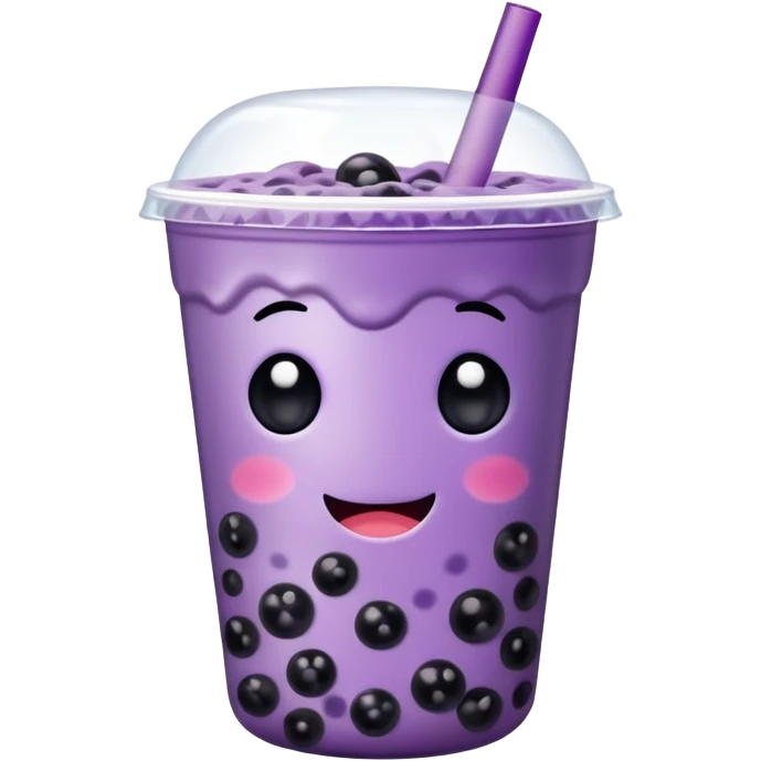 Purple bubble tea cup with a cute face and black tapioca pearls inside emoji