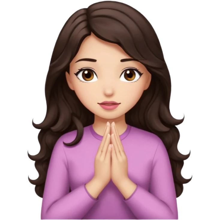 girl with wavy long glamorous dark brown hair, brown eyes, light to medium complexion, long lashes, light pink lipstick, praying emoji