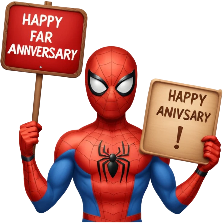 Create Spider-Man with a sign that says happy anniversary emoji