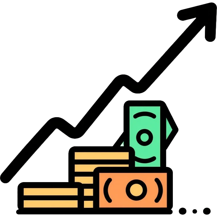 upward arrow next to increasing stacks of money bills and coins, financial growth emoji