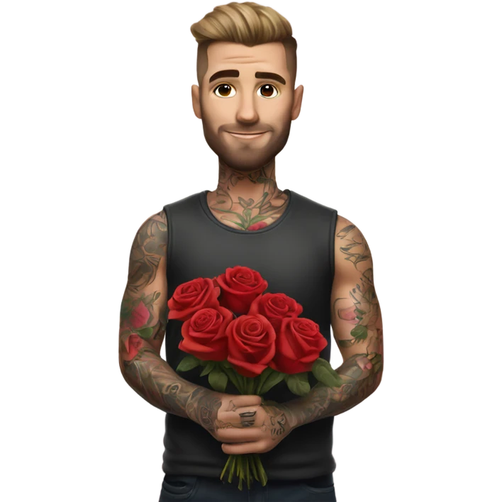 Hyper Realistic handsome tattooed man holding a bouquet of roses emoji