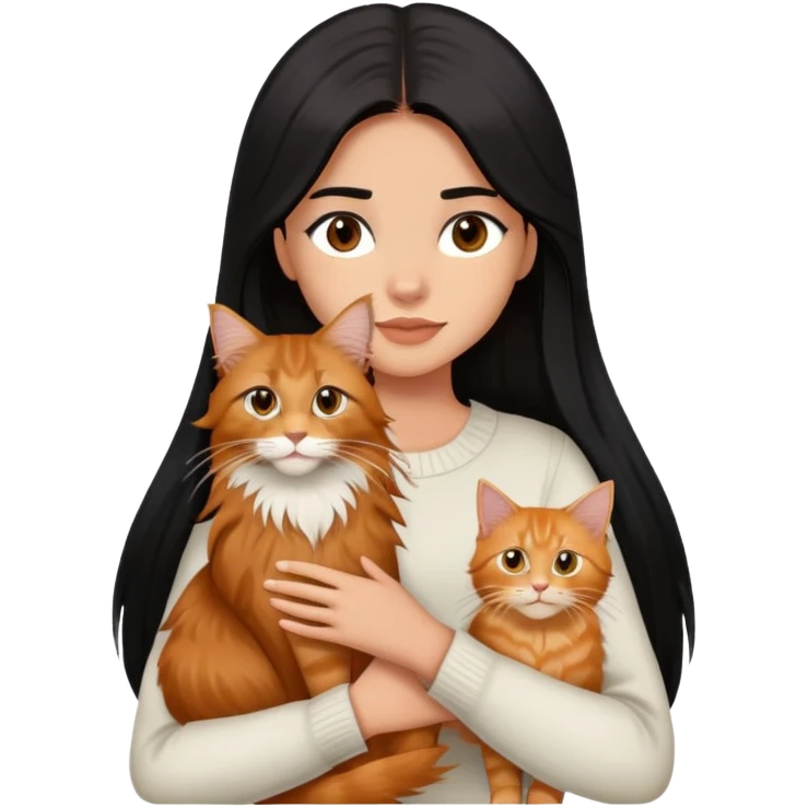 Une fille a la peau mat et yeux marron et au cheveux long lisse et noir portant un chat type Maine coon de couleur roux  emoji