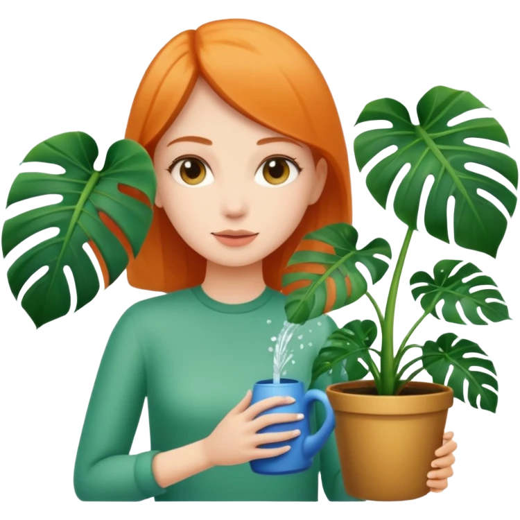 woman watering her monstera plant emoji