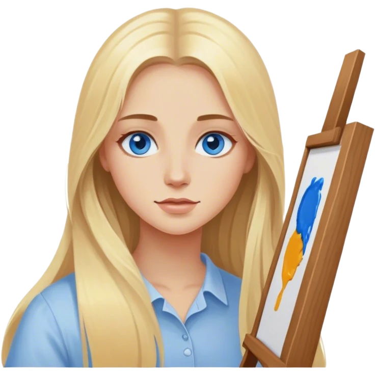 Cinematic realistic blonde with long hair, blue eyes paints a picture on canvas emoji