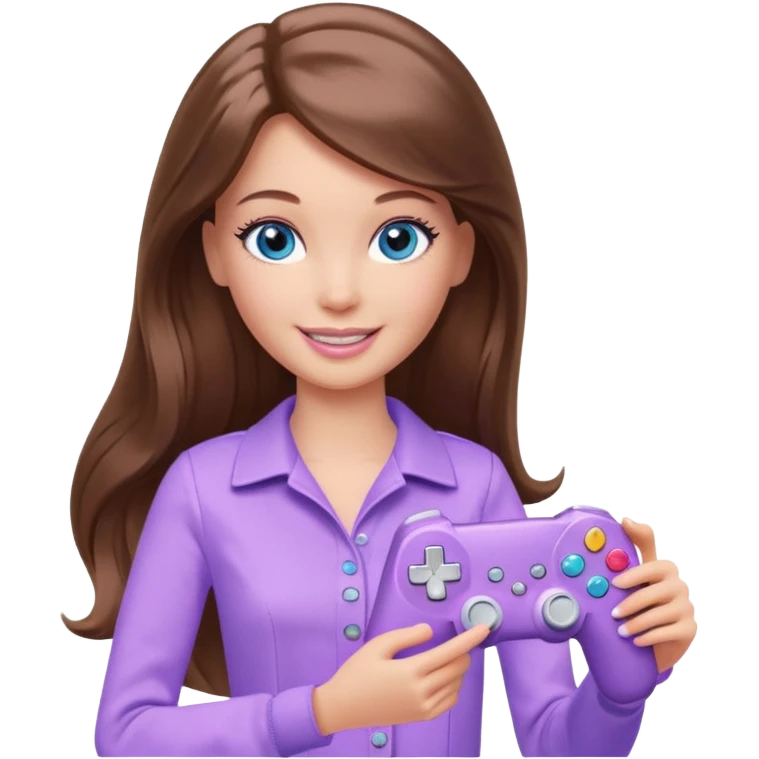 beautiful barbie girl with long brown hair, blue eyes and wearing light purple clothes playing console games with controller emoji
