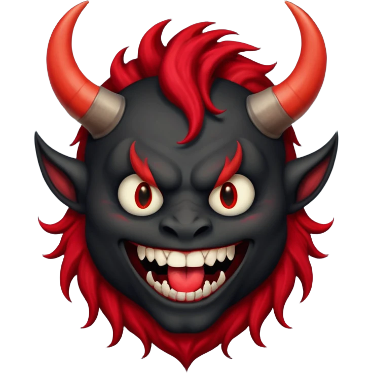 демон с чёрной как уголь кожей, красными клыками, двумя красными рогами торчащими у него изо лба, красной гривой и глазами смеётся (рядом текст "Ха-Ха") emoji