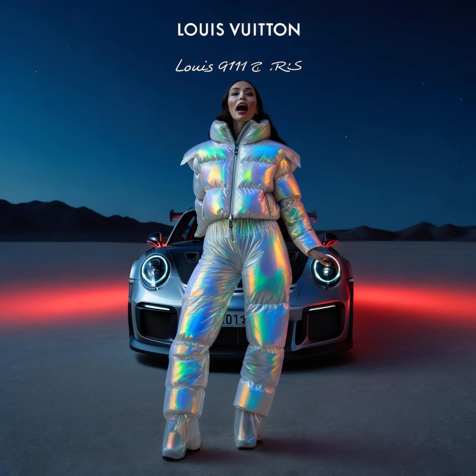 Closeup shot, Top view Photo of a woman dress in abstract holo puffer Louis Vuitton outfit, express body, porsche 911 gt3 rs, soft light, red light in background, woman on desert during night with spot light, blue minimalistic sky in background, studio, layared composition, mountains in background, emoji
