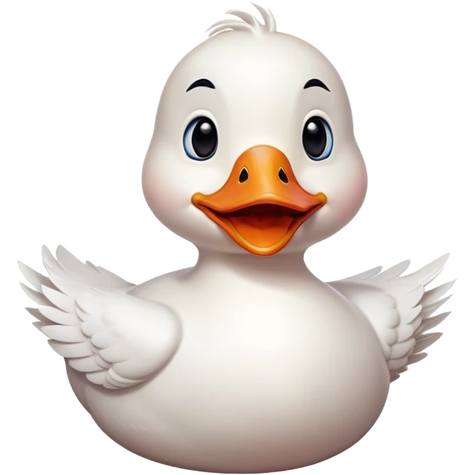 Cinematic Comical White Duck Portrait Emoji, Head tilted dramatically with an exaggeratedly amused expression, featuring a striking, glossy white plumage with a quirky red bill, wide, expressive eyes filled with playful disbelief, Simplified yet hilariously expressive features, highly detailed, glowing with a slightly sassy glow, high shine, dramatic yet playful, stylized with an air of cheeky mischief, bright and endearing, soft glowing outline, capturing the essence of a spirited and over-the-top duck, so meme-worthy it feels like it could quack its way into internet fame instantly! emoji