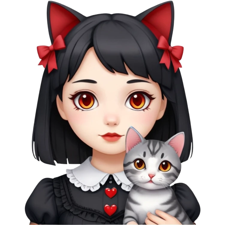 girl wearing black Lolita style dress, with medium-length black hair with red tips, and a gray American Shorthair tabby cat emoji