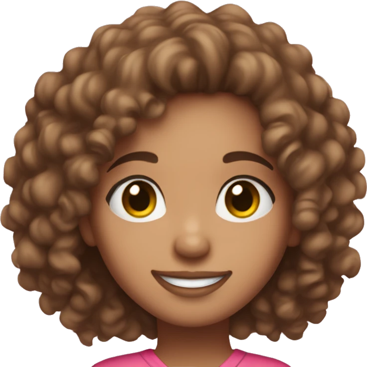Light skin girl with brown curly hair, brown eyes and a pink outfit smiling emoji