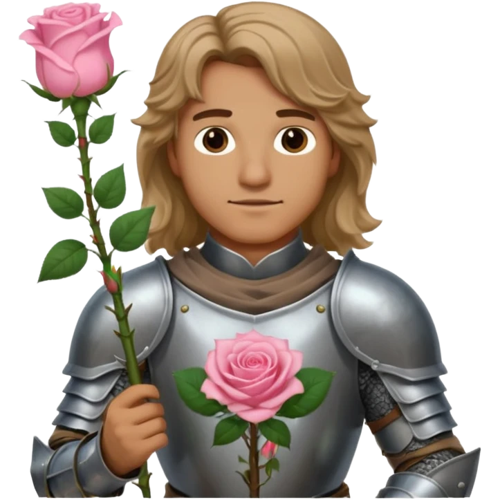 A male knight in armor with long wavy dark blonde hair holding a light pink rose  emoji
