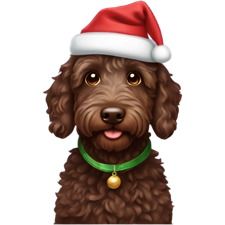 Chocolate Labradoodle wearing a Christmas hat emoji