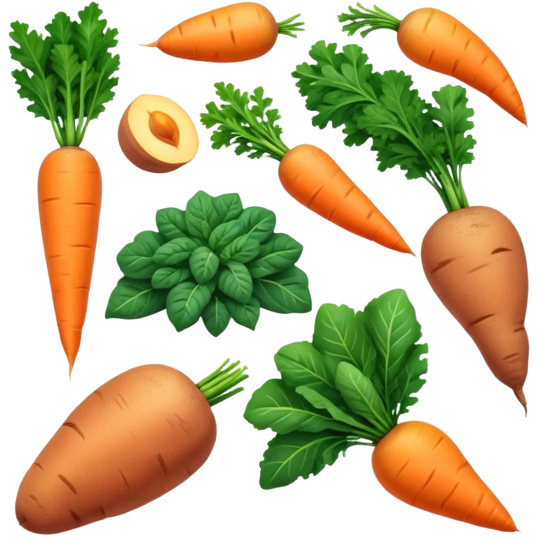 Plant sources of vitamin A (carotenoids): carrots, sweet potatoes, spinach, kale, mangoes, and apricots glowing with a soft orange-yellow light representing their provitamin A content that needs to be converted by the body. emoji