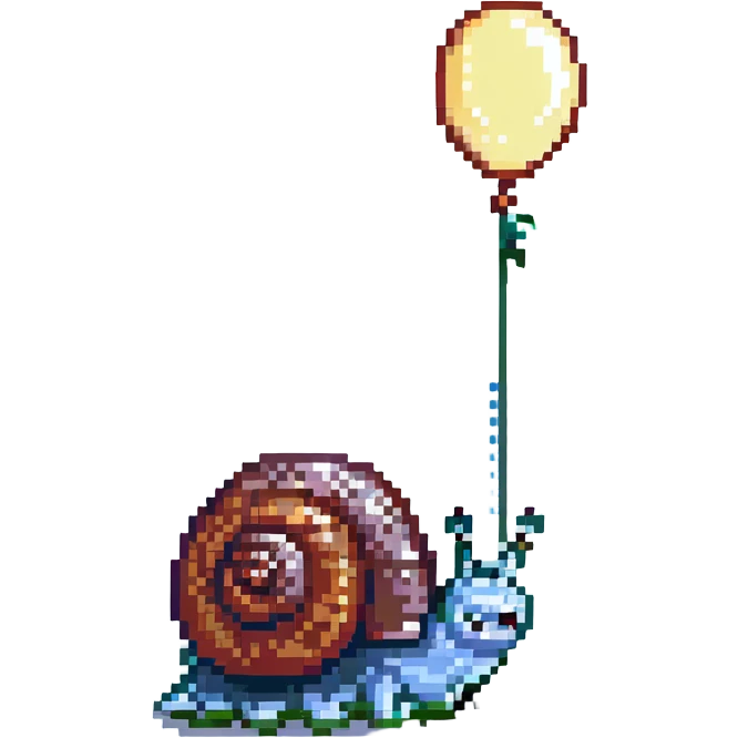happy snail with cheerful eyes and a balloon on its shell, pixel art style emoji