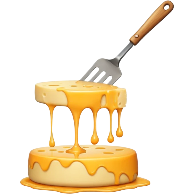 a half vertical  wheel of cheese being scraped with a metal spatula, melted cheese flowing, warm golden colors, modern emoji style, clean outlines, transparent background emoji
