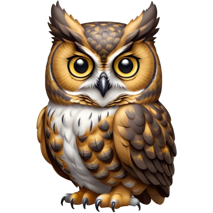 Cinematic Cute Great Horned Owl Portrait Emoji, Head tilted playfully and inquisitively, featuring a lush mottled Fur with intricate patterns of gray and white, round, sparkling golden eyes filled with curious wonder, Simplified yet irresistibly adorable features, highly detailed, glowing with a warm, friendly glow, high shine, affectionate and wise, stylized with a touch of nocturnal whimsy, bright and endearing, soft glowing outline, capturing the essence of a mischievous yet loving owl, so playful it feels like it could glide out of the screen and perch in your arms! emoji