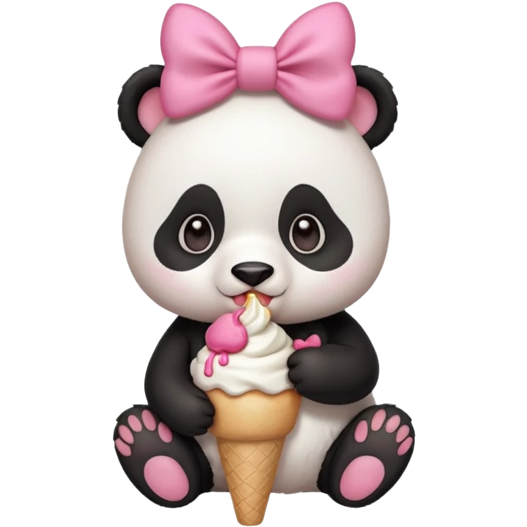 Cute chibi style girl Panda with big pink bow above ear eating and ice cream  emoji